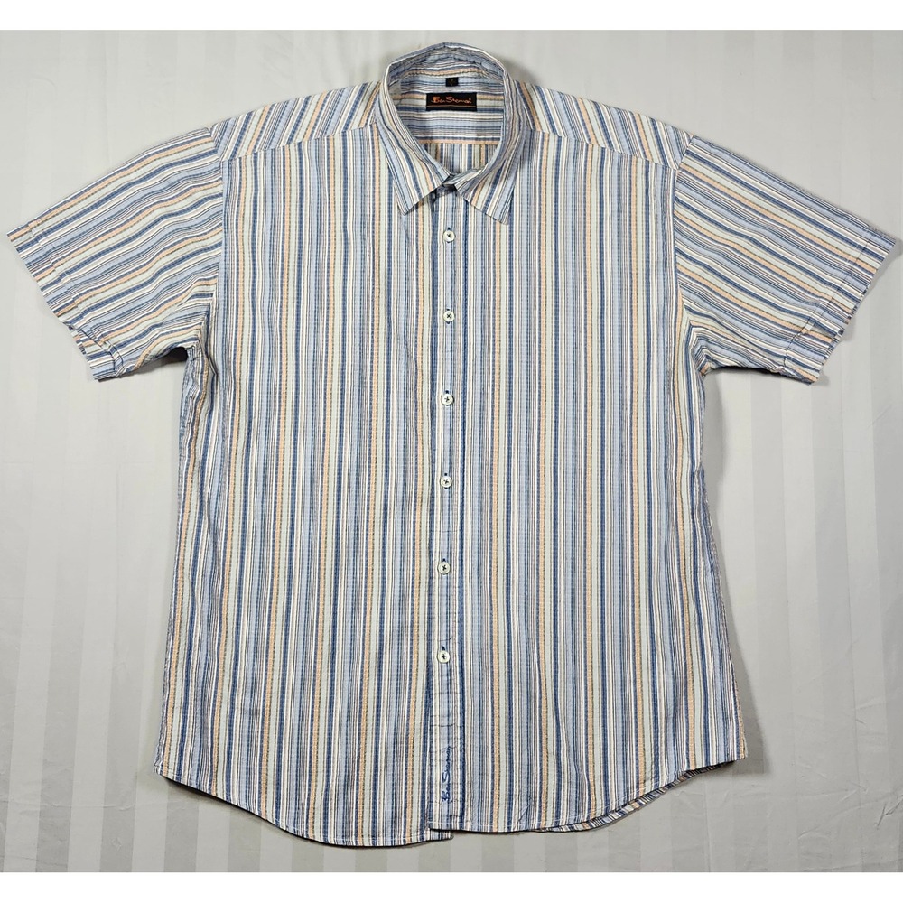 Y2K Ben Sherman Mens Blue Orange Striped Short Sleeve Button Down Shirt Size L